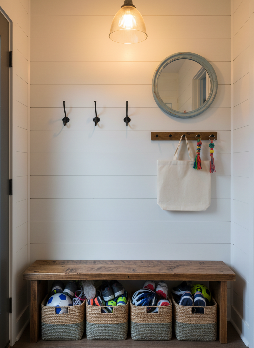 A small, clutter-prone entryway transformed with practical DIY organization. A narrow wooden bench with visible grain and a slightly worn finish sits beneath a row of black metal hooks mounted on shiplap-style wall planks. Woven baskets tucked under the bench overflow with shoes and sports gear, while a handmade peg rack holds canvas tote bags and a colorful, kid-made keychain. A thrifted mirror with a freshly painted frame reflects a glimpse of the adjoining hallway. Soft overhead pendant lighting mixes with faint evening light from a nearby door window, creating warm, inviting shadows. Photographic realism, shot straight on with balanced composition, emphasizing the approachable, real-life functionality of a working mom’s home decor solution.