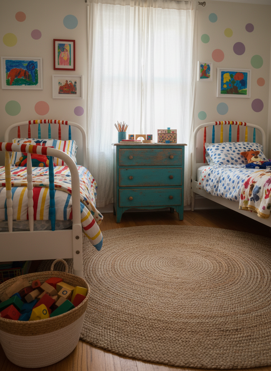 A lively kids’ shared bedroom corner in a real family home, showcasing creative, budget-conscious decor. A pair of simple white twin beds with DIY-painted spindle headboards flank a small, scuffed dresser updated in a fun teal color. The beds are dressed in mismatched but coordinated bedding with stripes, polka dots, and playful patterns. Above them, a wall of removable dot decals and framed kid artwork adds a whimsical touch. A woven rug softens the hardwood floor, with a small basket of building blocks nearby. Late-afternoon sunlight washes in through a slightly wrinkled curtain, casting soft, playful shadows. Photographic realism, photographed from a lower angle to highlight scale and texture, giving the space an energetic yet cozy feel.
