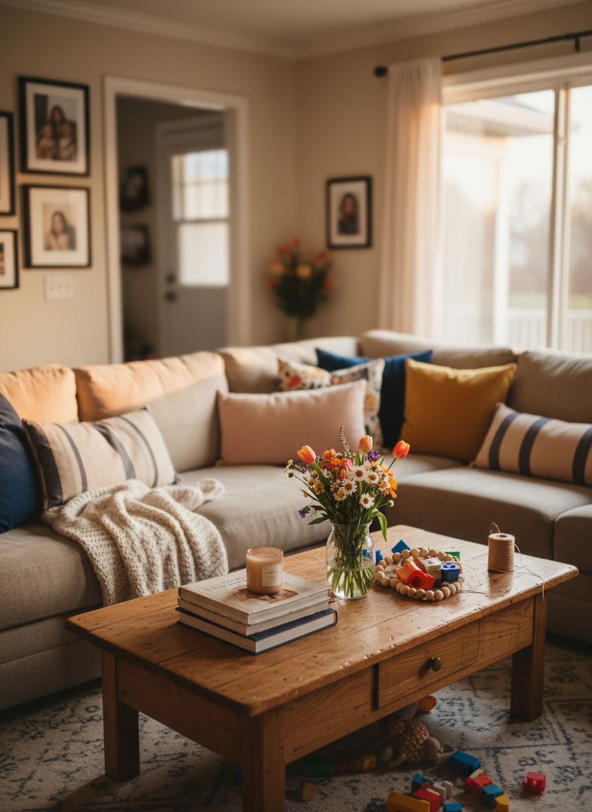 A bright, lived-in family living room styled for a cozy weekend, featuring a soft oatmeal-colored sectional sofa overflowing with patterned throw pillows in mustard, blush, and navy. A chunky knit blanket is draped casually over the arm, beside a low, scuffed oak coffee table layered with decor books, a candle, and a small vase of grocery-store flowers. Toys and a half-finished DIY wood bead garland lie off to one side, hinting at real life. Late afternoon natural light pours in from a large window, creating warm highlights and gentle shadows. Photographic realism, shot at eye level with a shallow depth of field so the background gallery wall and open doorway blur softly, conveying a playful, welcoming working-mom home.