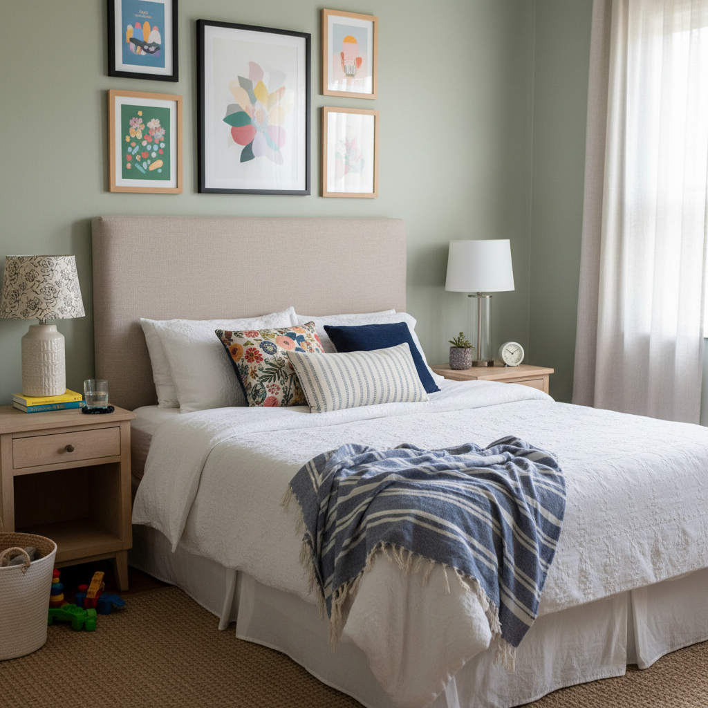 A sunlit, budget-friendly primary bedroom retreat in a busy family home, centered on a neatly made bed with a DIY upholstered headboard in textured linen. The bed is layered with a white duvet, a playful mix of patterned pillows, and a slightly rumpled striped throw at the foot. Simple wooden nightstands hold mismatched lamps, a stack of decor books, and a glass of water with a hair tie beside it. Above the bed, a gallery of inexpensive printable art in thin frames adds personality. Soft morning light filters through linen curtains, casting gentle shadows on the painted wall and creating a calm, hopeful atmosphere. Photographic realism, shot at a slight angle with a medium depth of field, keeping most details in focus.