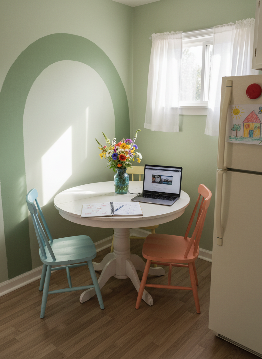 A cheerful eat-in kitchen corner in a modest real home, showcasing a DIY breakfast nook makeover. A simple white table with visible brushstroke texture stands against a pale sage-green wall with hand-painted arch detail, surrounded by mismatched wooden chairs updated with fresh paint. On the table sits a colorful bouquet in a thrifted vase, a laptop open beside a scribbled notebook, and a kid’s crayon drawing held by a magnet on the nearby fridge. Morning sunlight streams through a small window with airy café curtains, casting soft, dappled light across the laminate floor. Photographic realism, captured from a slightly elevated angle with sharp focus throughout, creating an authentic, upbeat everyday-mom atmosphere.
